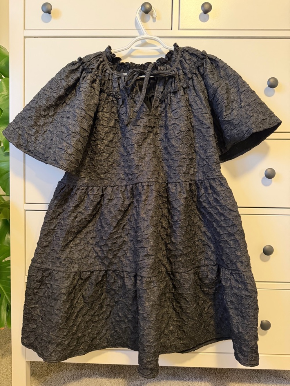 Moon River Black Textured Baby Doll Dress with Tie Neck